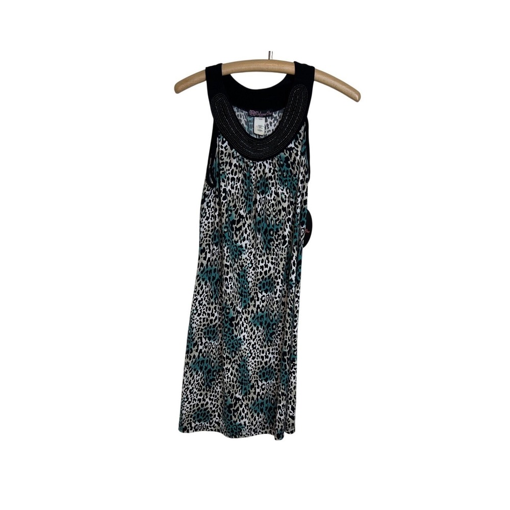 Volume One Dress Womens Large Teal Leopard Beaded Neckline Sleeveless Mini G01